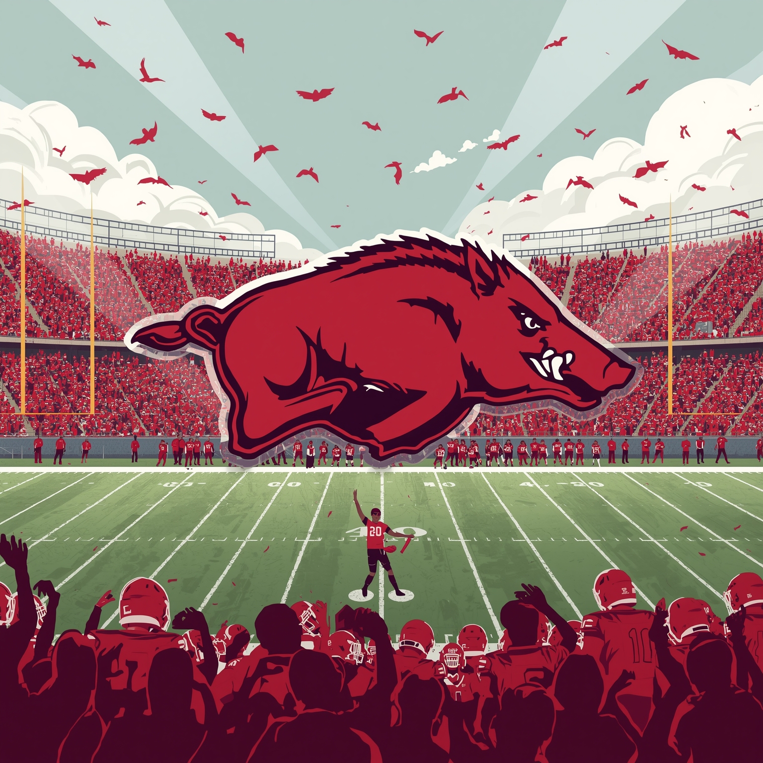 Arkansas Gambles Big on Football, Cuts Other Sports - painting of Arkansas Razorbacks football venue