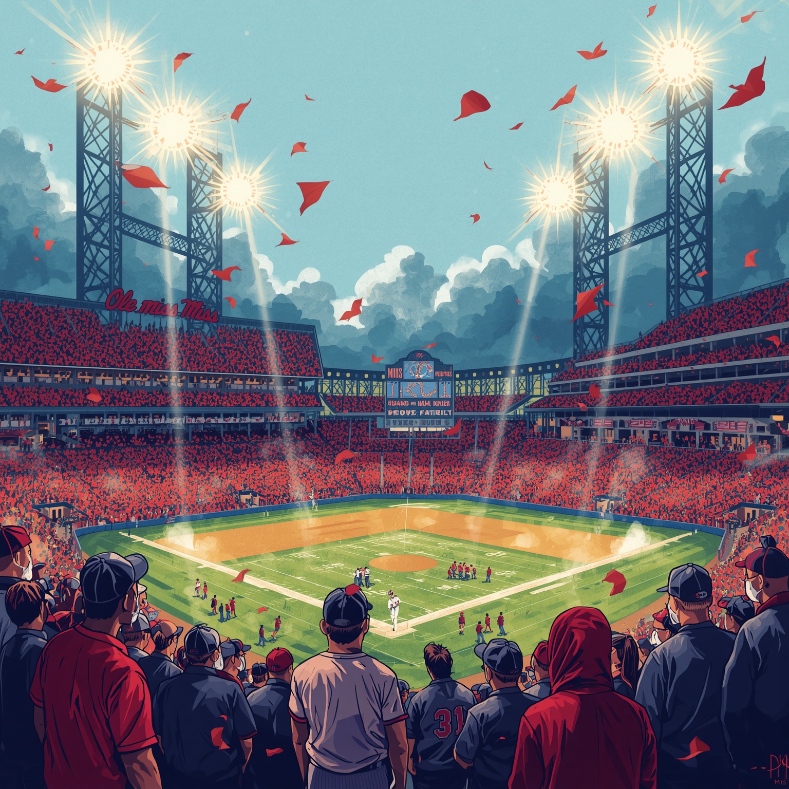 Ole Miss Upheaval: From Golding's Rise to Tourney Trials - painting of Ole Miss Rebels baseball,football venue