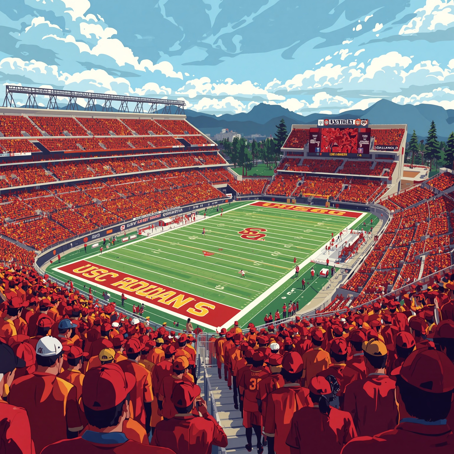 USC’s Season in Three Acts: Heisman, Draft, and Fans - painting of USC Trojans football, baseball venue