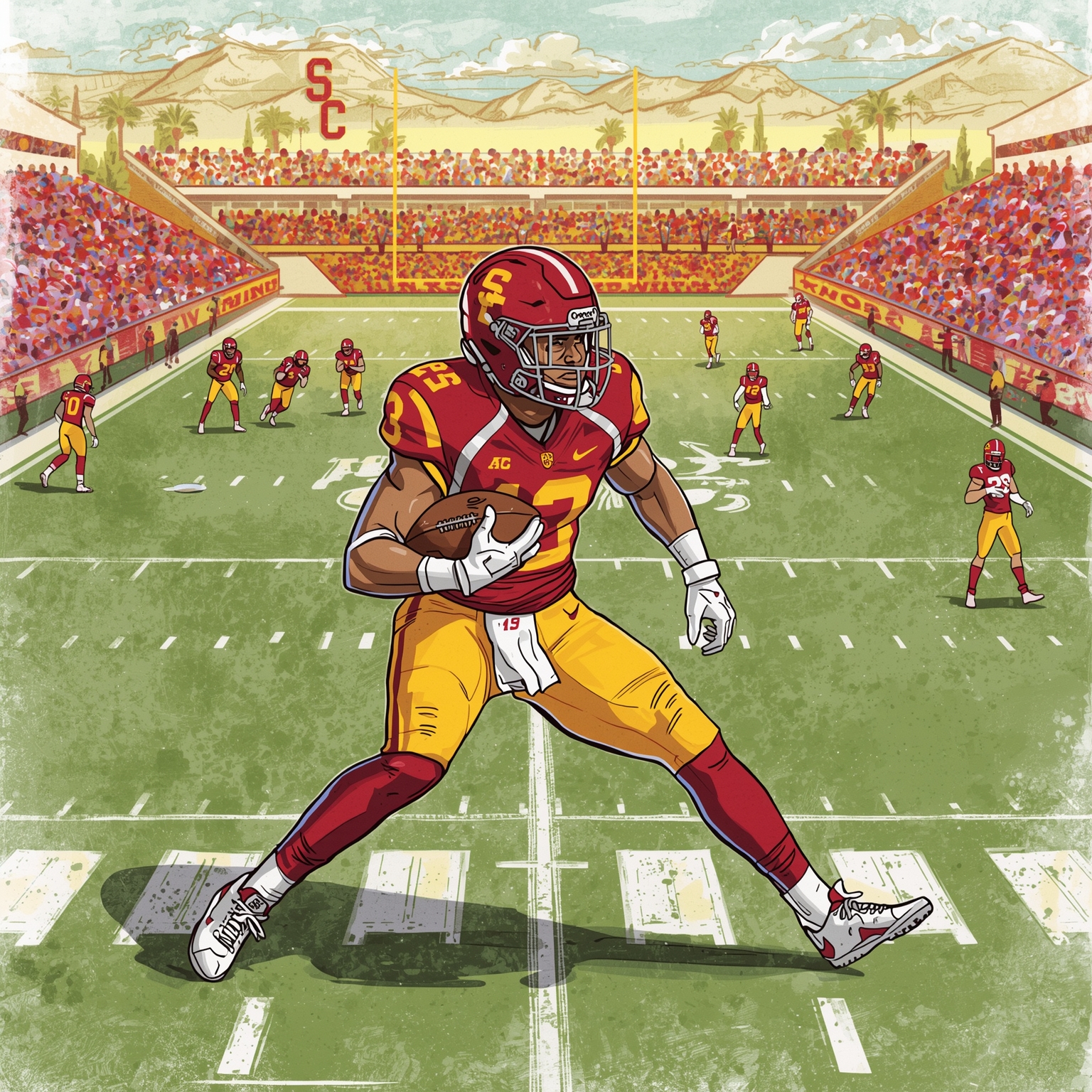 Trojans’ Recruiting Frenzy: New Faces, Big Plays, Bold Moves - painting of USC Trojans football venue