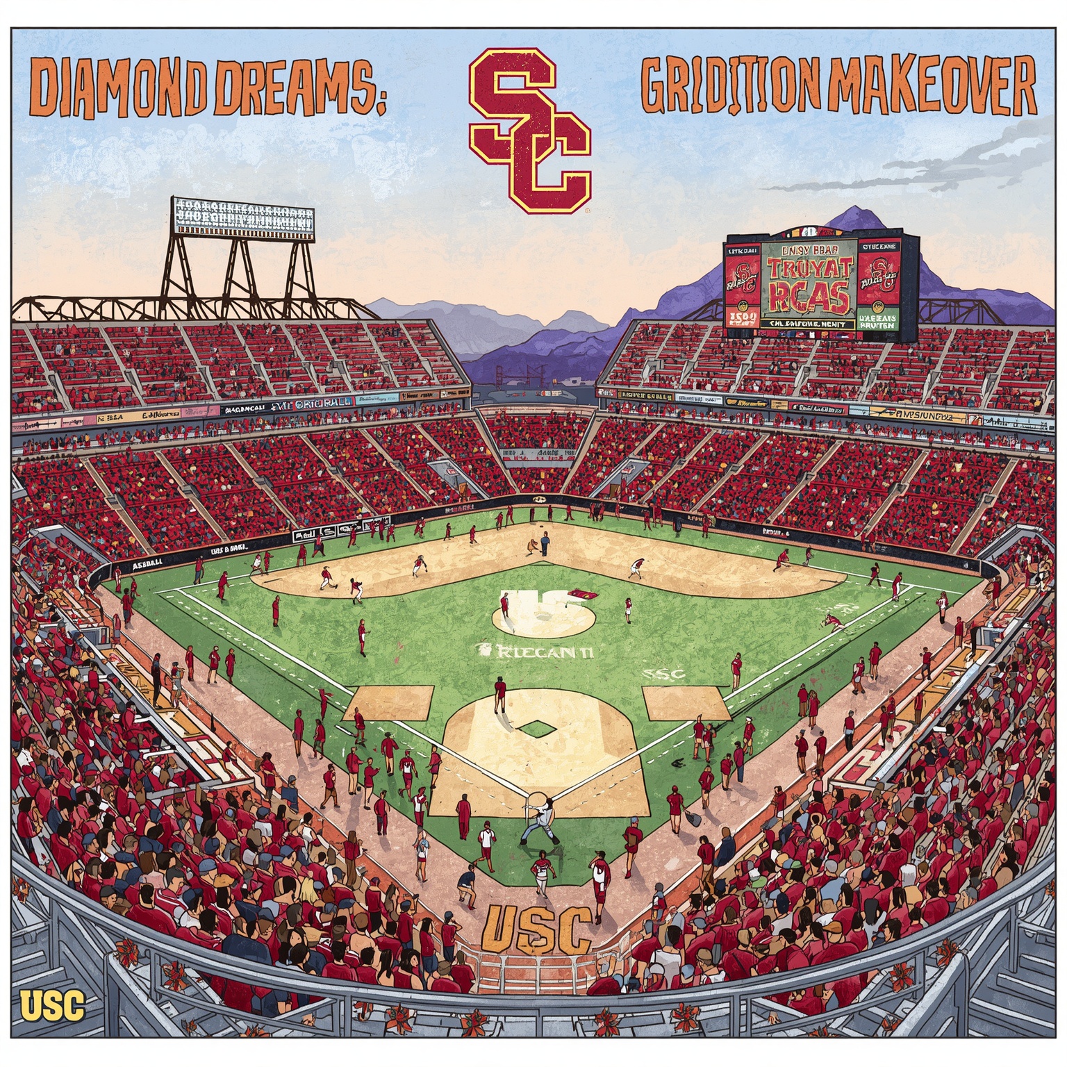 USC Overhaul: Diamond Dreams & Gridiron Makeover - painting of USC Trojans baseball,football venue