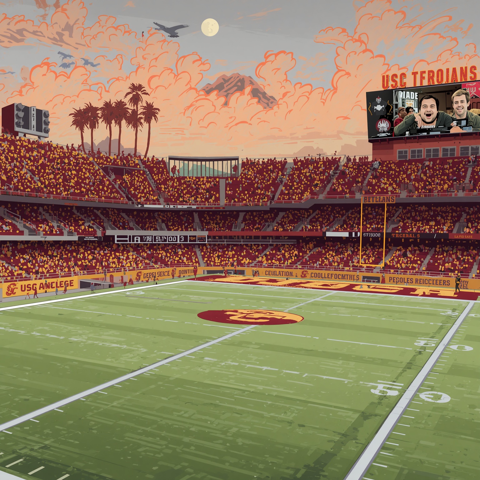 USC’s Last-Minute Tackle and Rising Sophomores - painting of USC Trojans football venue