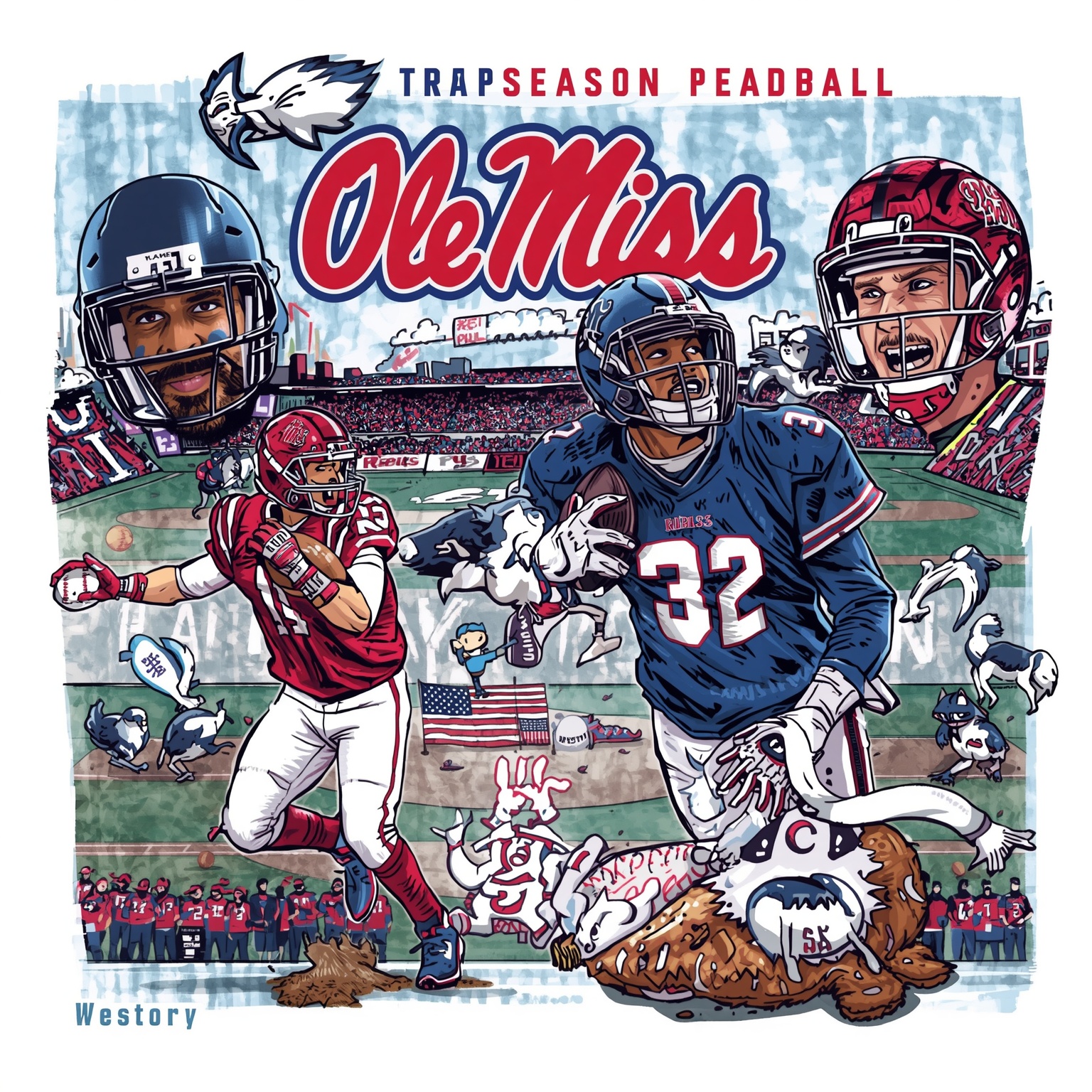 Rebels' Season Showdown: Pitchers, Backs & Trap Games - painting of Ole Miss Rebels baseball, football venue