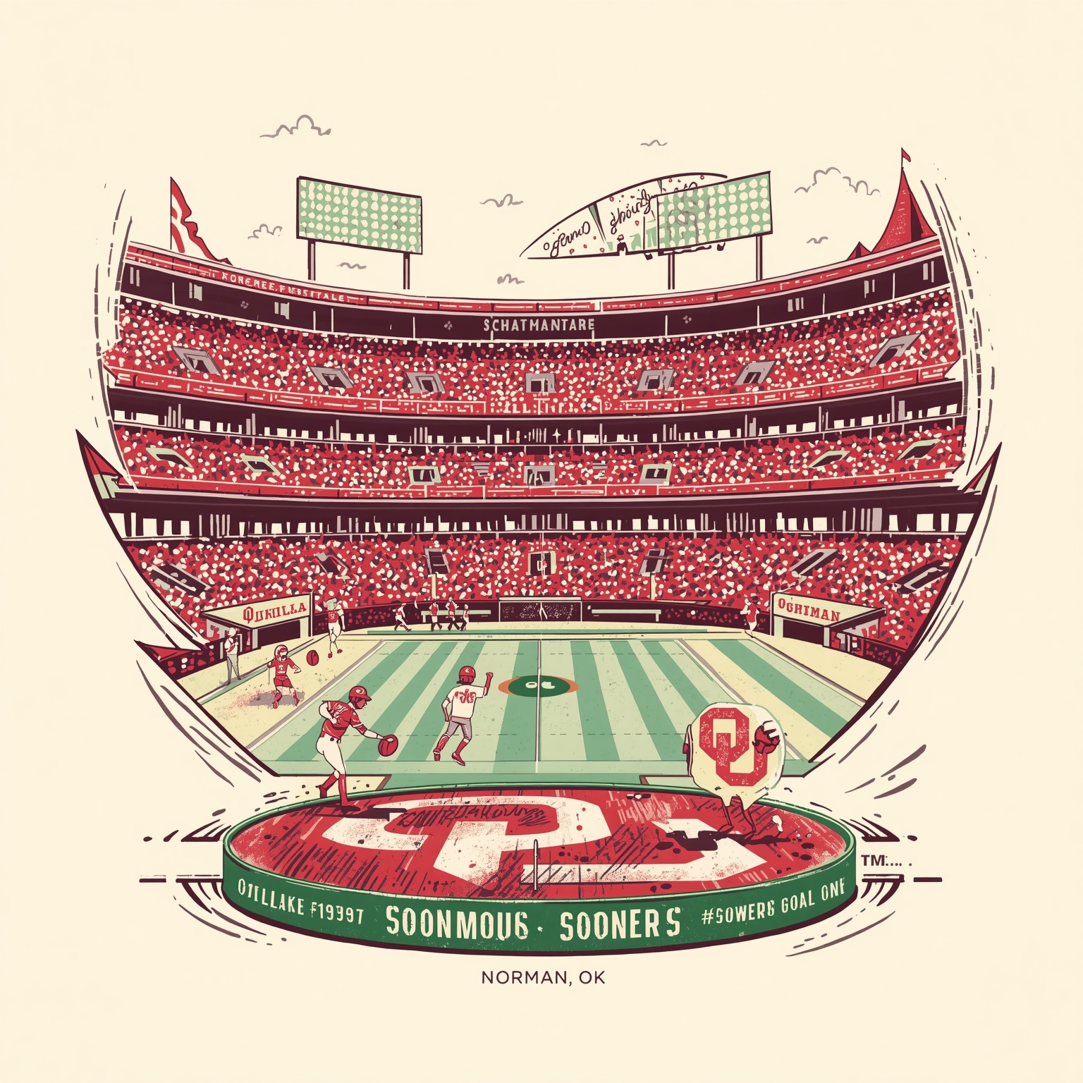 Sooners Surge On Diamond and in the Red Zone - painting of Oklahoma Sooners football, baseball venue