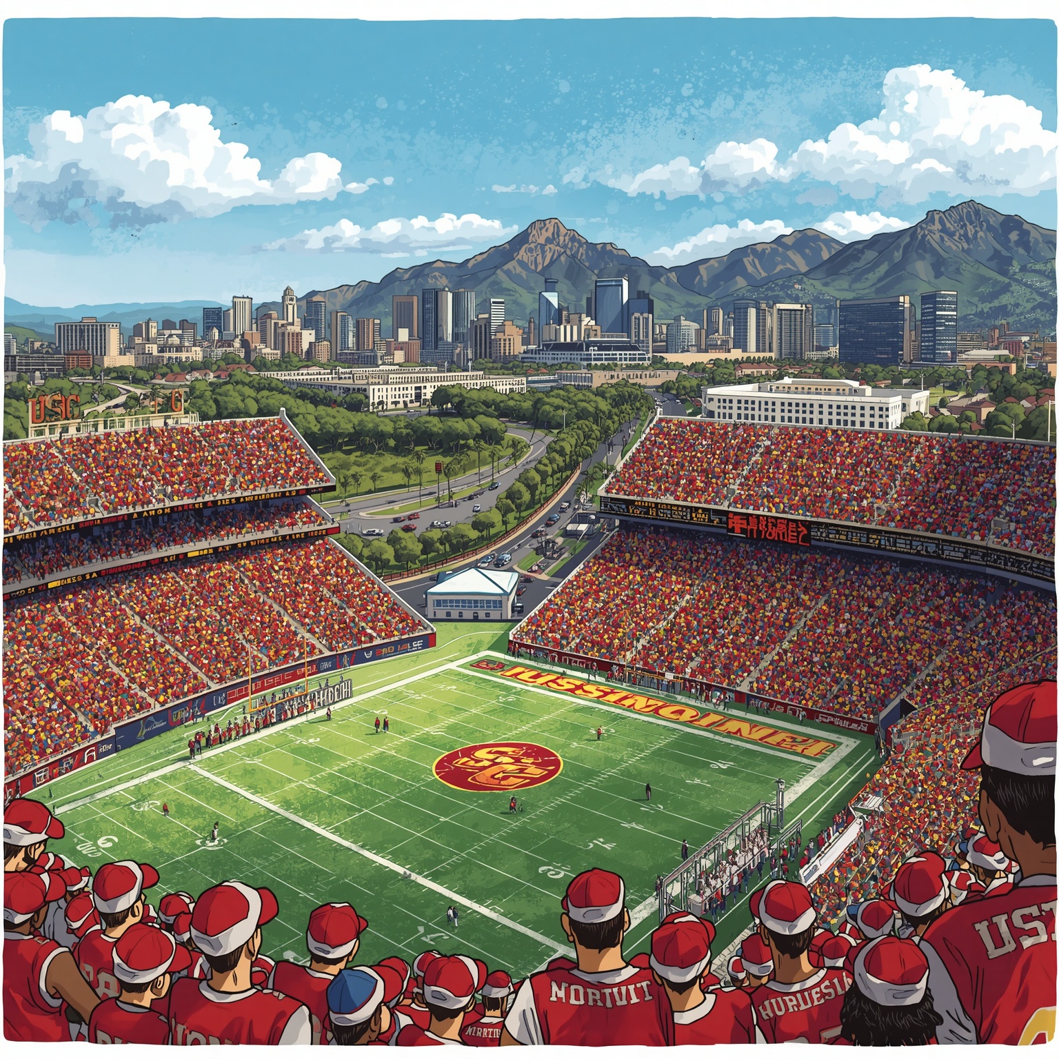 USC Trojans: Critical Football Clashes and Baseball Upsets - painting of USC Trojans football, baseball venue