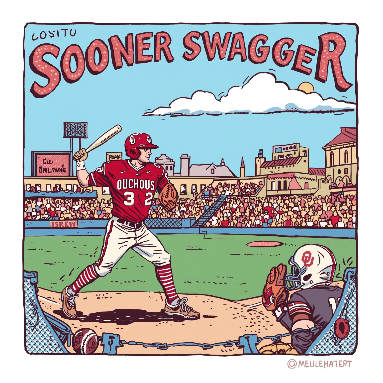 Sooner Swagger: Baseball Glory Meets Defensive Might - painting of Oklahoma Sooners baseball, football venue