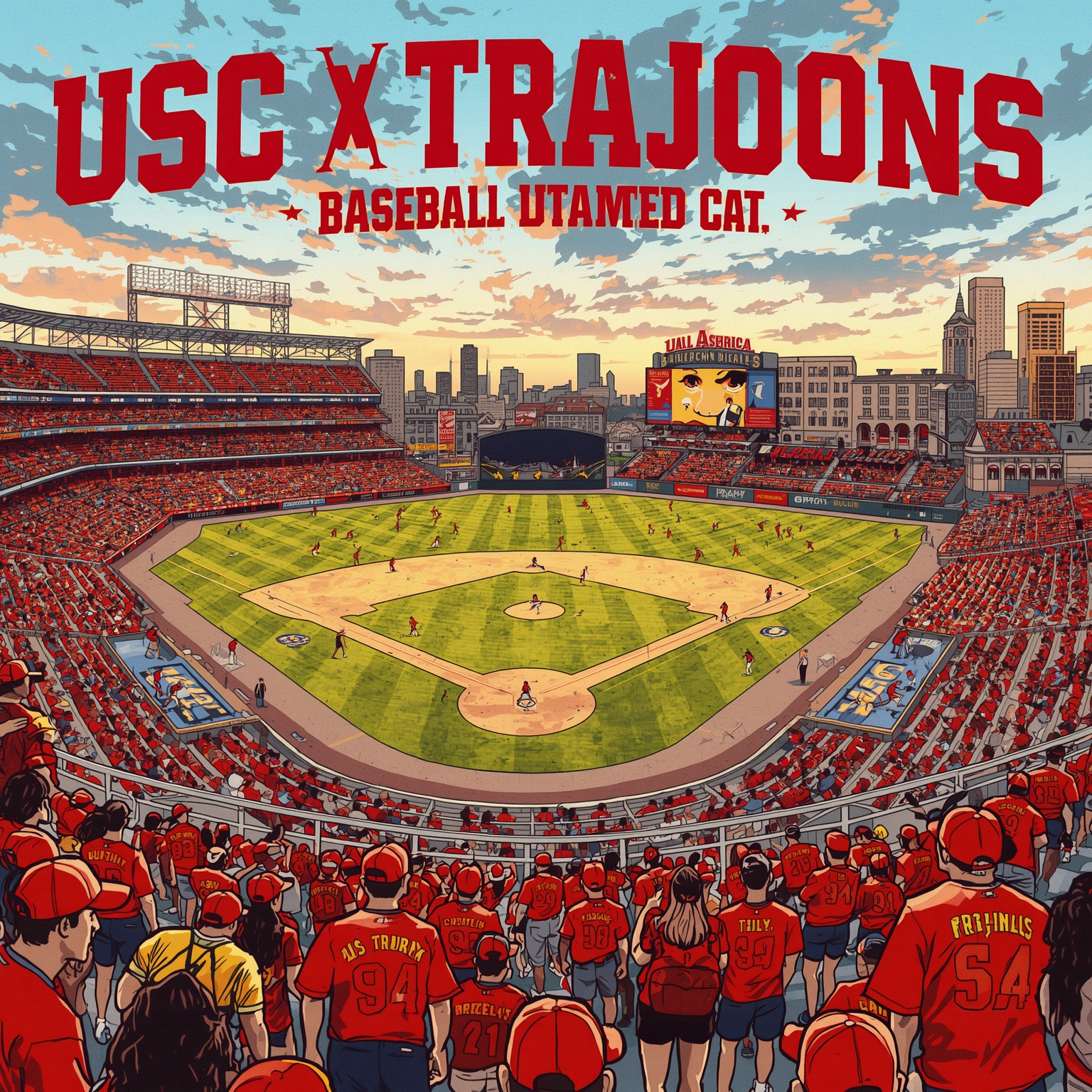 Trojans vs. Tar Heels: Super Regional Baseball Mayhem - painting of USC Trojans baseball venue