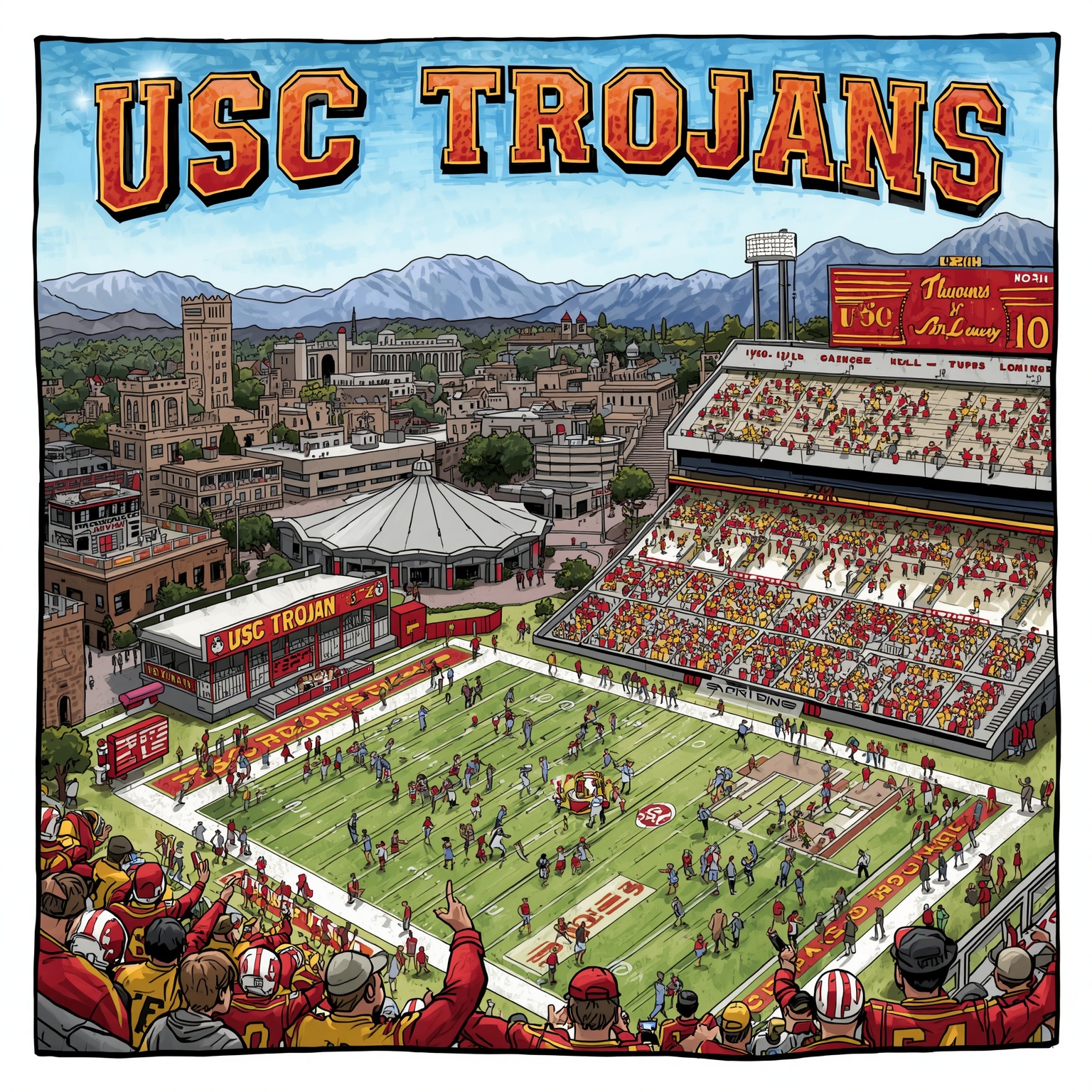 USC Trojans: Crucial Games, Pass Rushers, and Recruits - painting of USC Trojans football, baseball venue