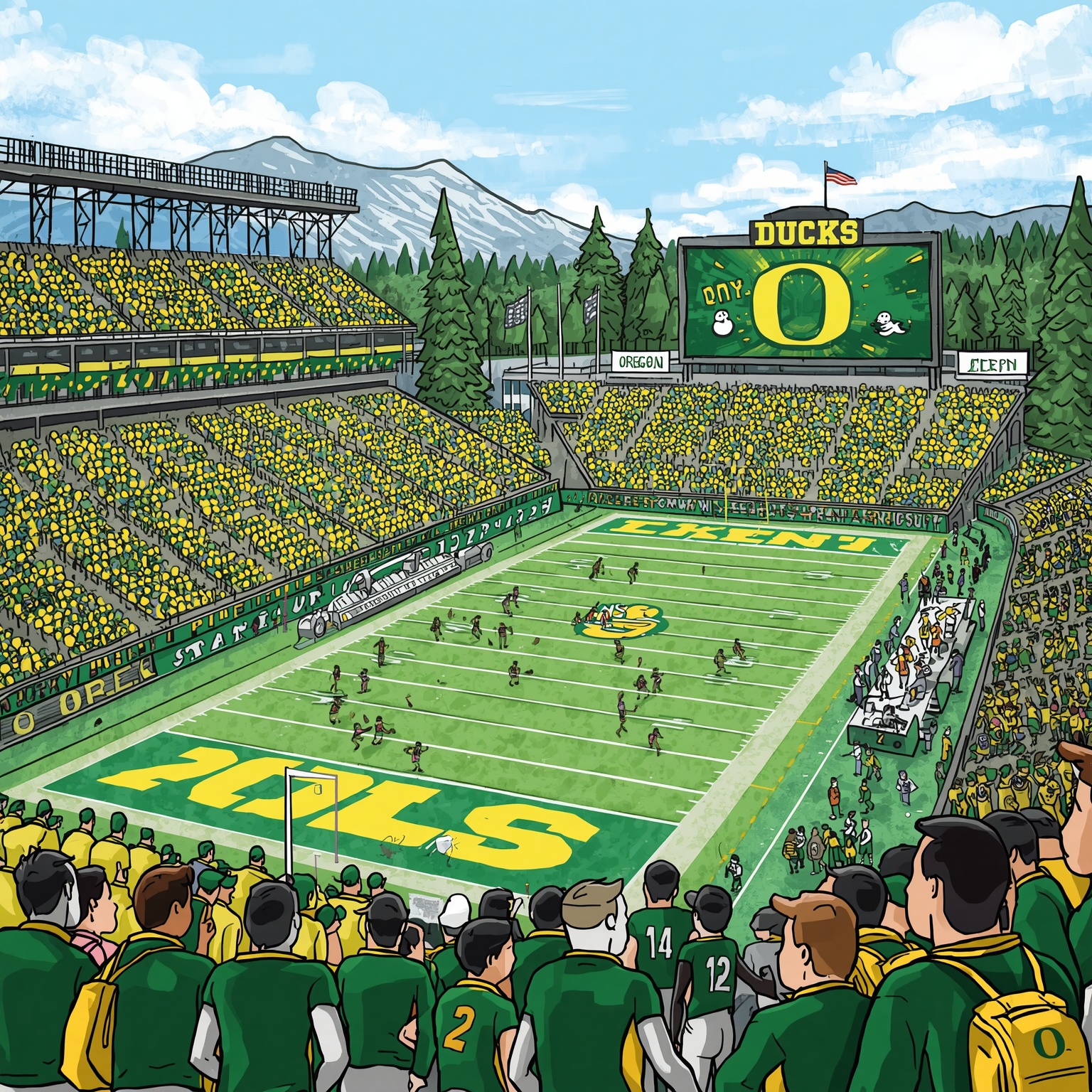Duck Mania: Surprise Recruits and New Hoops Home Game - painting of Oregon Ducks football,basketball venue