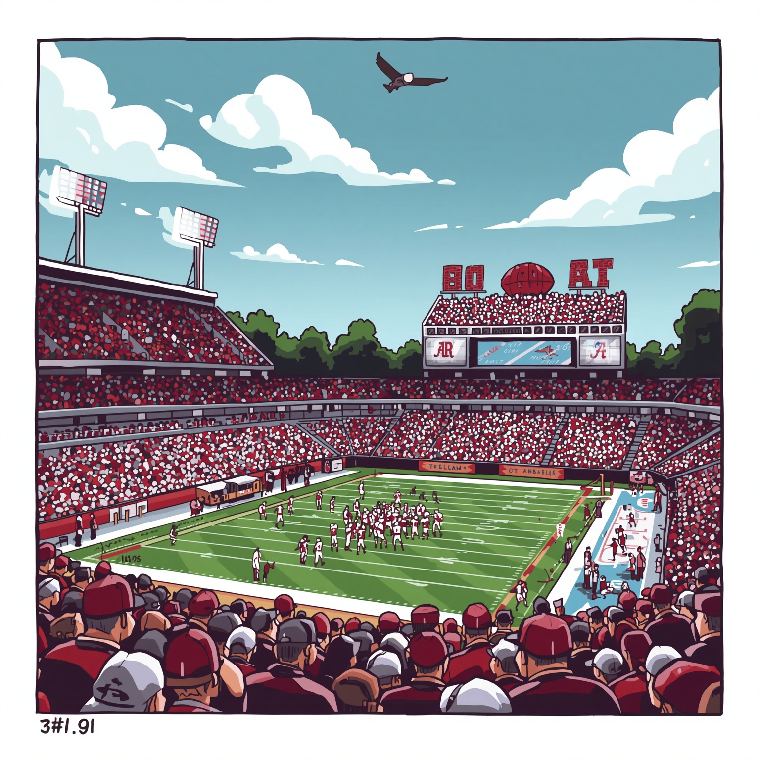 Alabama Football Spotlight: Hornet Hero to Crimson Clash - painting of Alabama Crimson Tide football, baseball venue