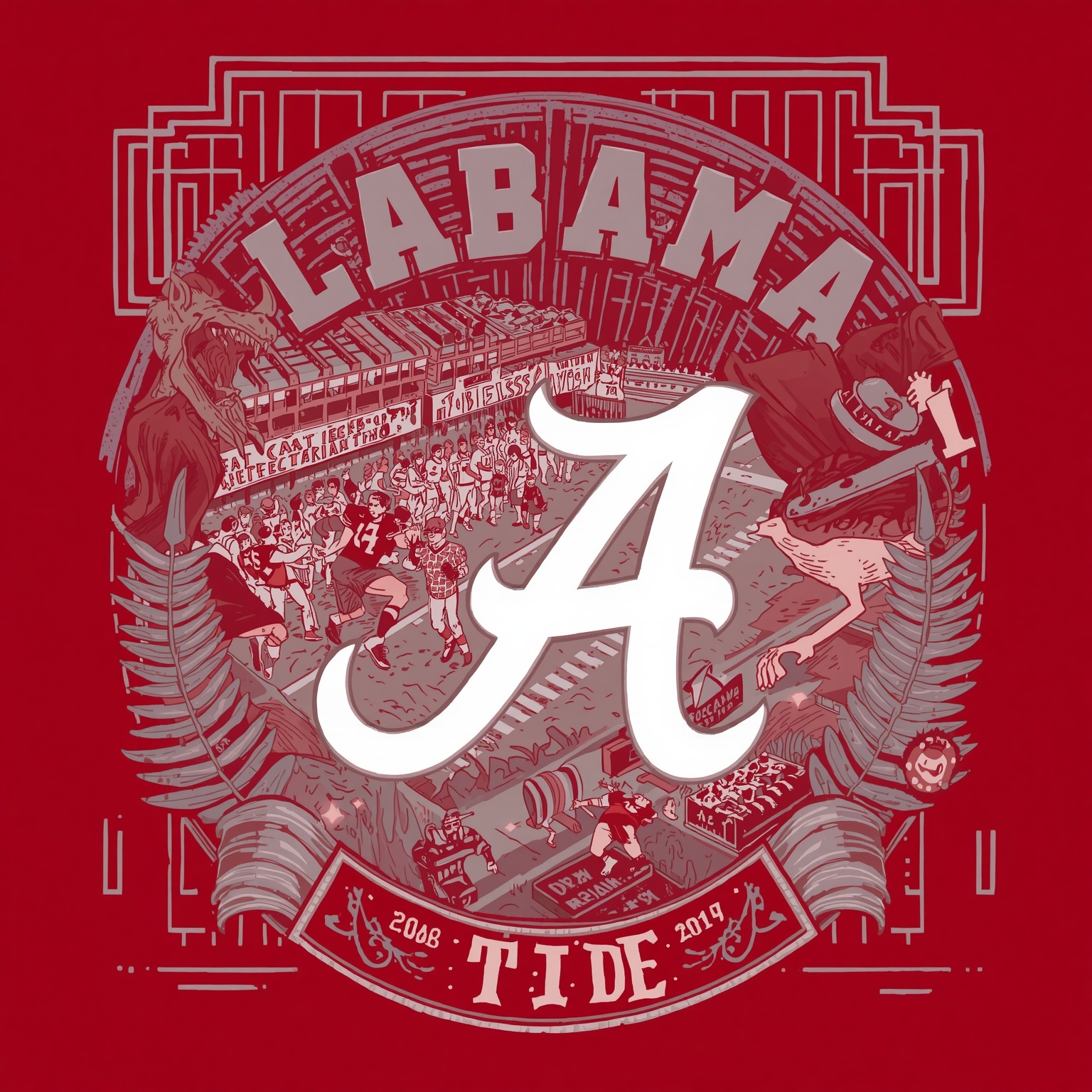 Crimson Tide Chaos: Commit Flip and CWS Weather Woes - painting of Alabama Crimson Tide football, baseball venue
