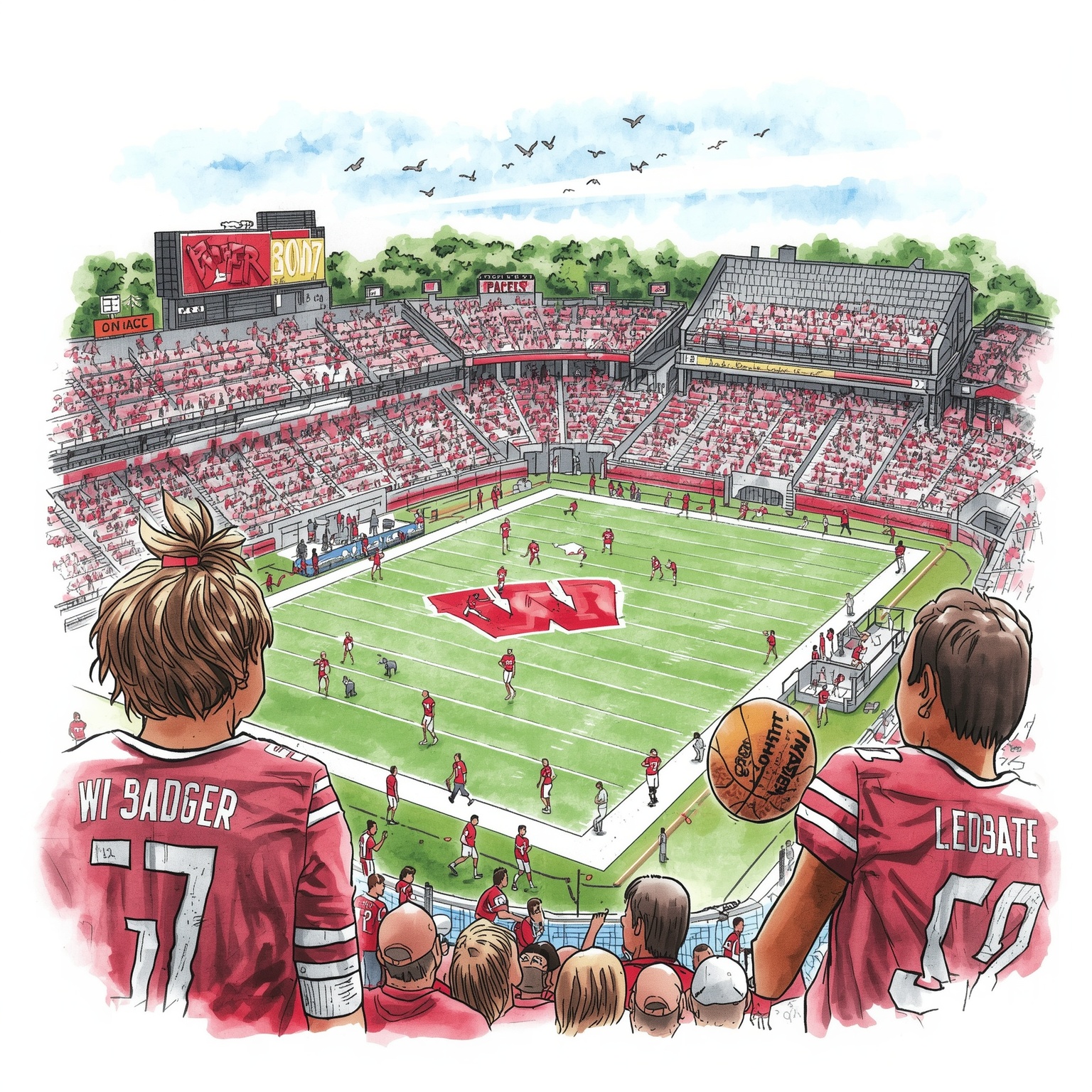 Badgers on the Move: Field Vets and Court Rookies - painting of Wisconsin Badgers football,basketball venue