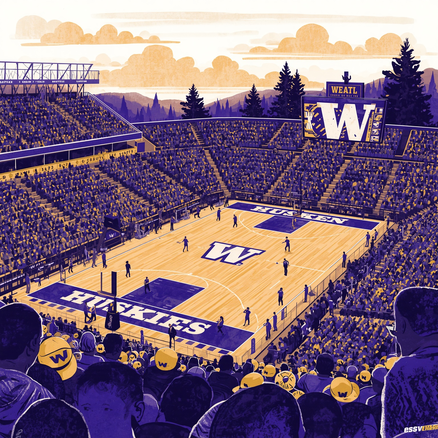 Huskies Court & Field Shakeups Spur Excitement - painting of Washington Huskies venue