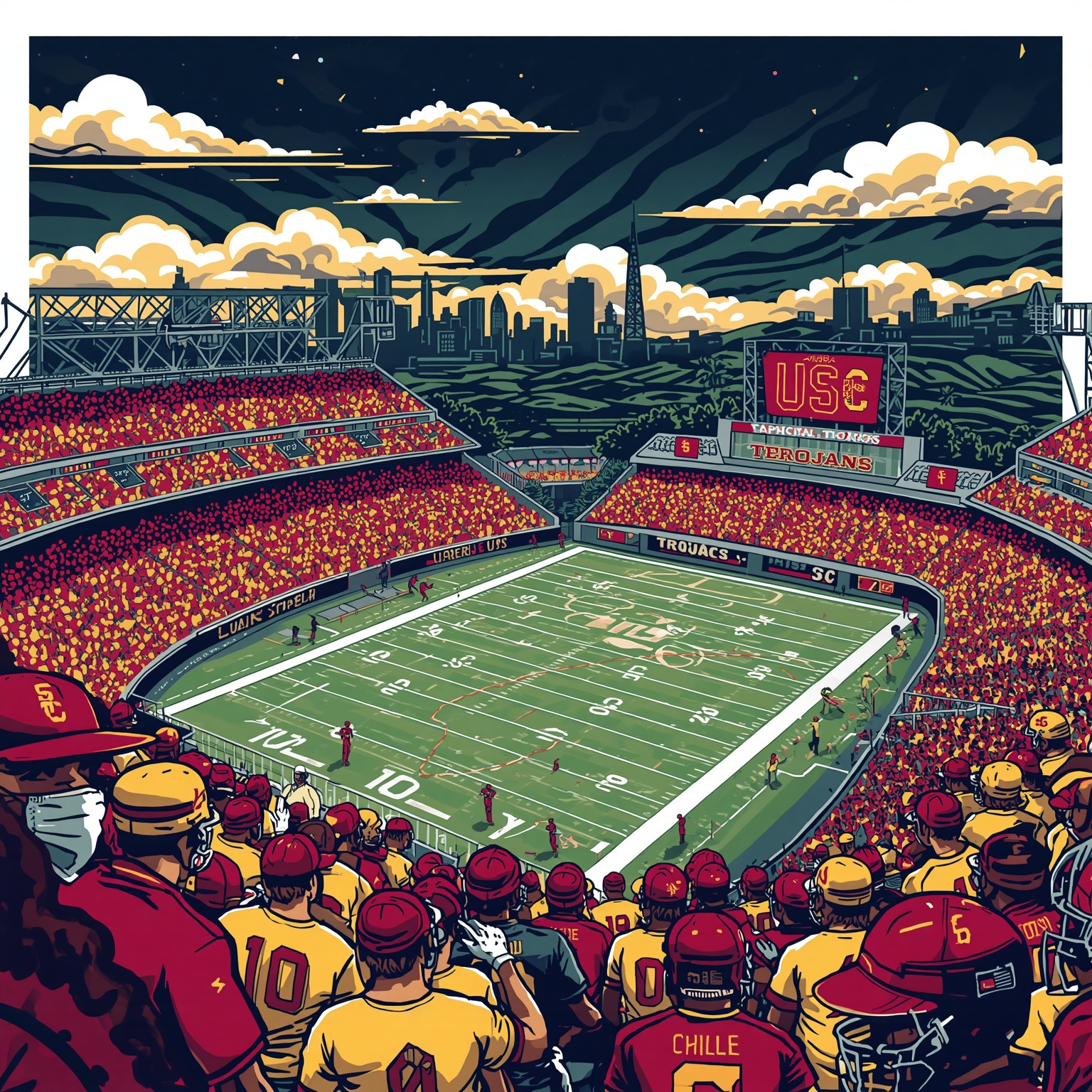 Trojans in Transition: From Bullpens to NFL Gridirons - painting of USC Trojans football, baseball venue