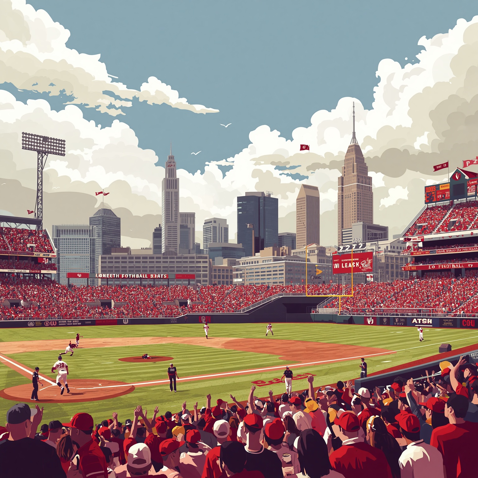 Sooners Title Chase: Baseball Battles & Football Showdowns - painting of Oklahoma Sooners baseball, football venue