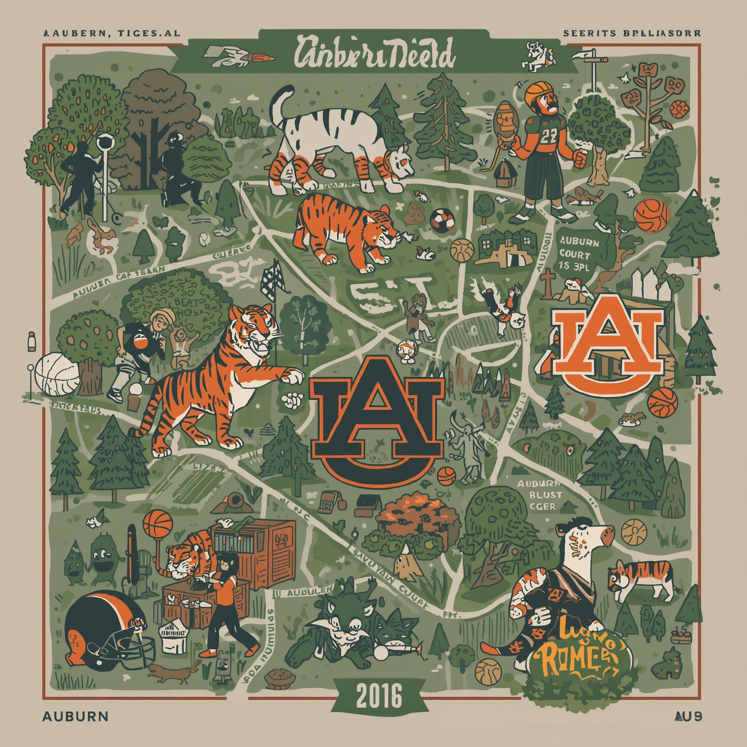 Auburn’s Wins Across Gridiron, Court, and Fairway - painting of Auburn Tigers golf,basketball,football venue