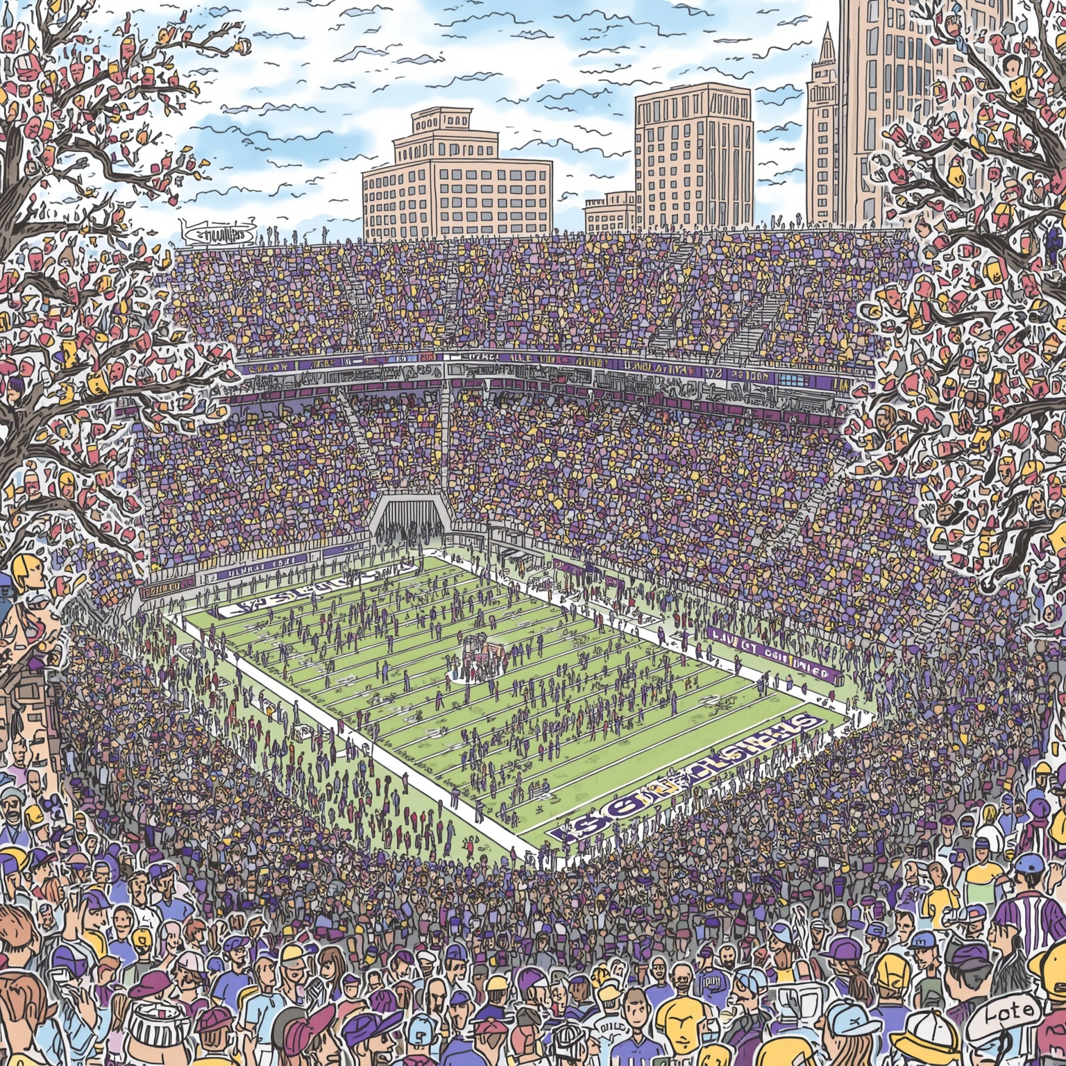 LSU Strides: From Gridiron Depth to Court Climb - painting of LSU Tigers football,basketball venue
