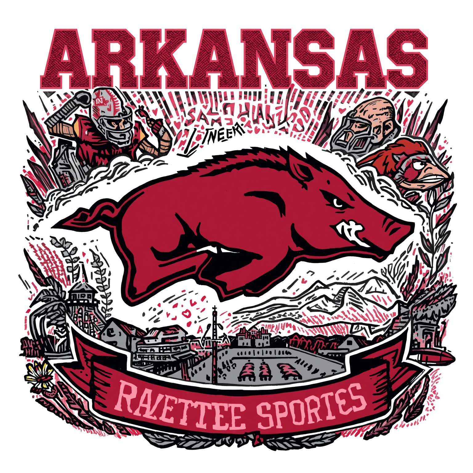 Arkansas Sports: Culture, Rivalry, and Defensive Drama - painting of Arkansas Razorbacks football, basketball venue