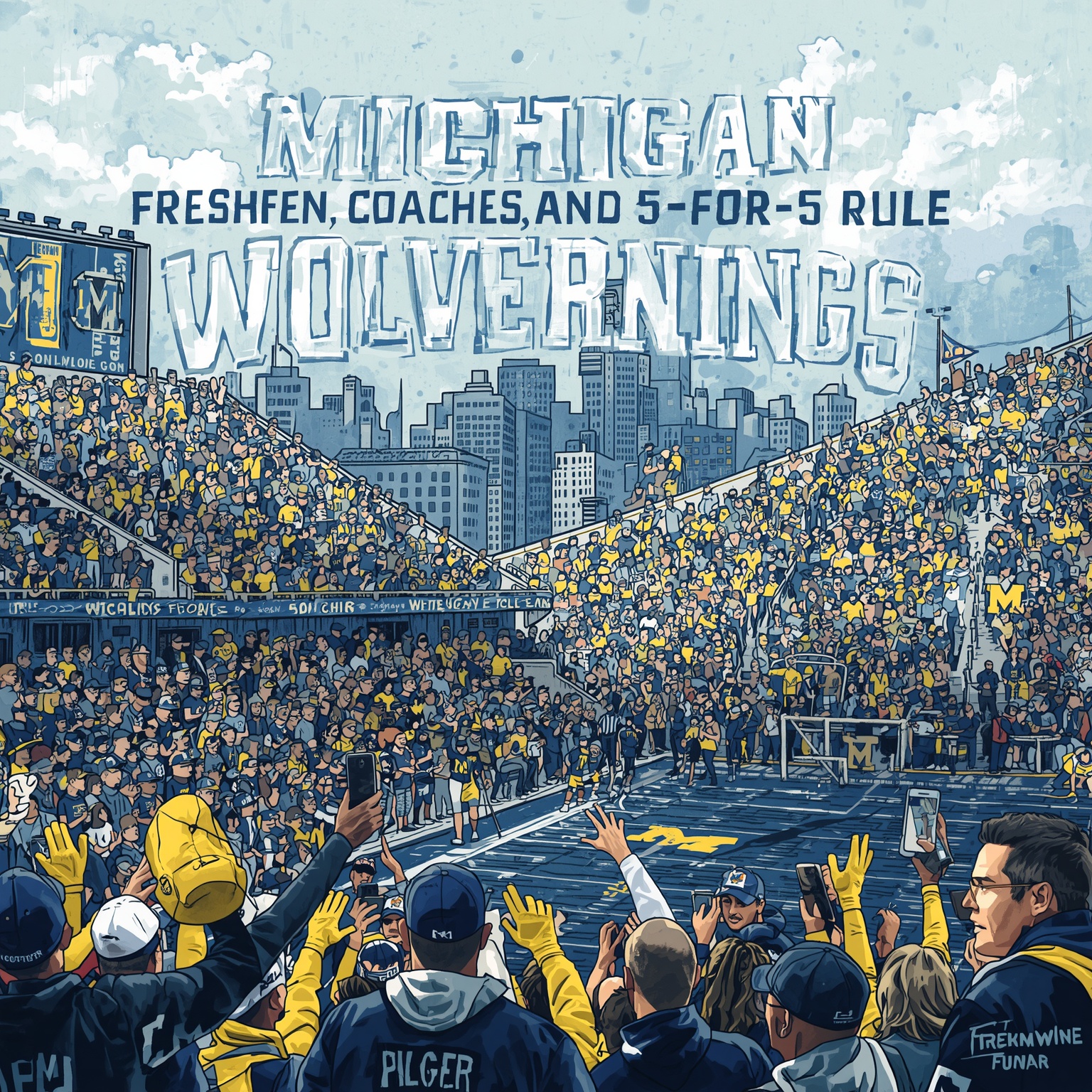 Michigan’s Freshmen, Coaches, and 5-for-5 Rule Shakeup - painting of Michigan Wolverines football, basketball venue