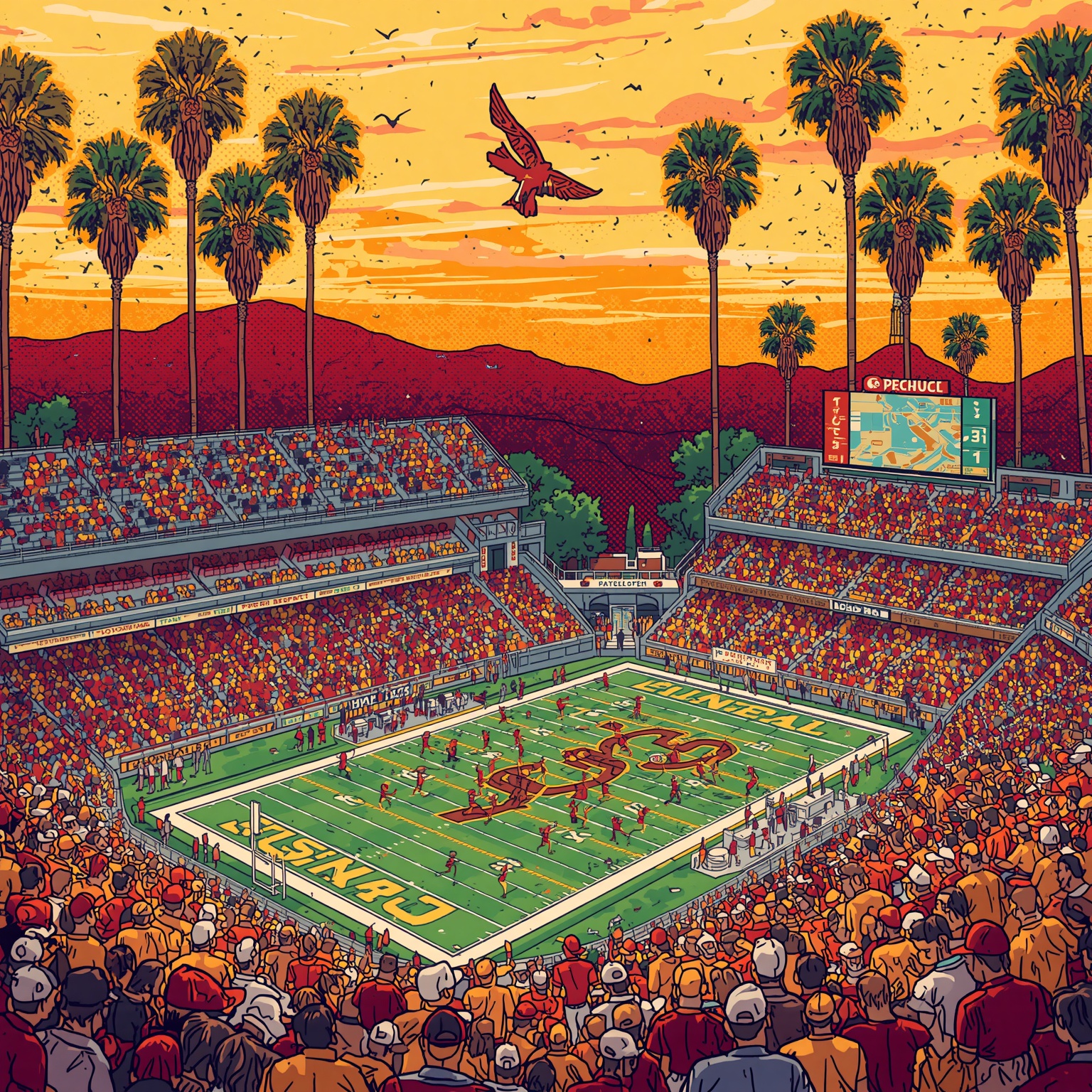 TITLE USC’s Gridiron Dreams, Diamond Duels, and Digital Glory - painting of USC Trojans football, baseball venue