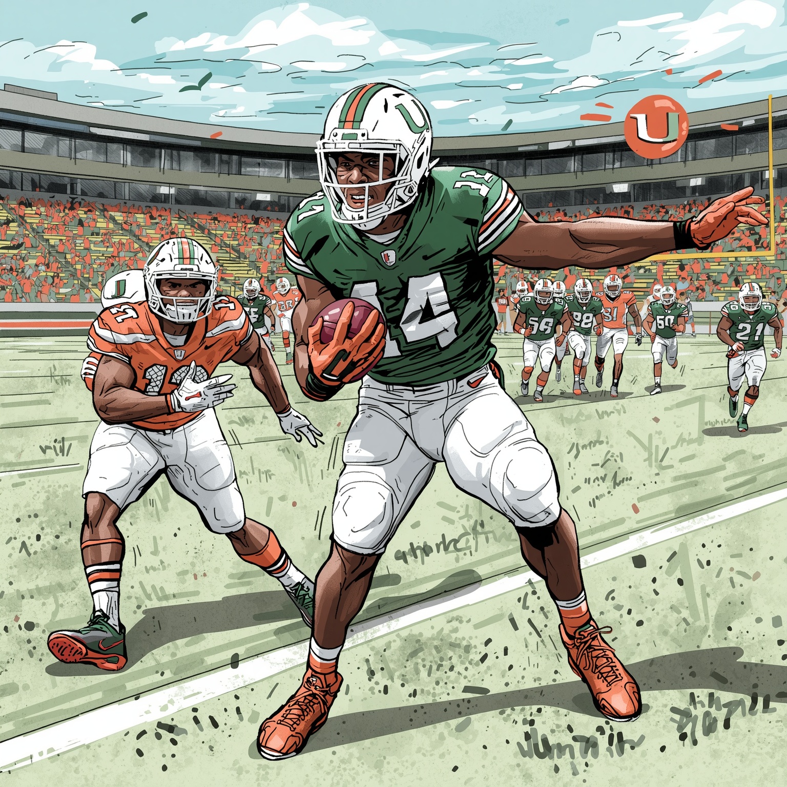 Irvin Stunned by Toney’s Napoleonic Blocking Spree - painting of Miami Hurricanes football venue