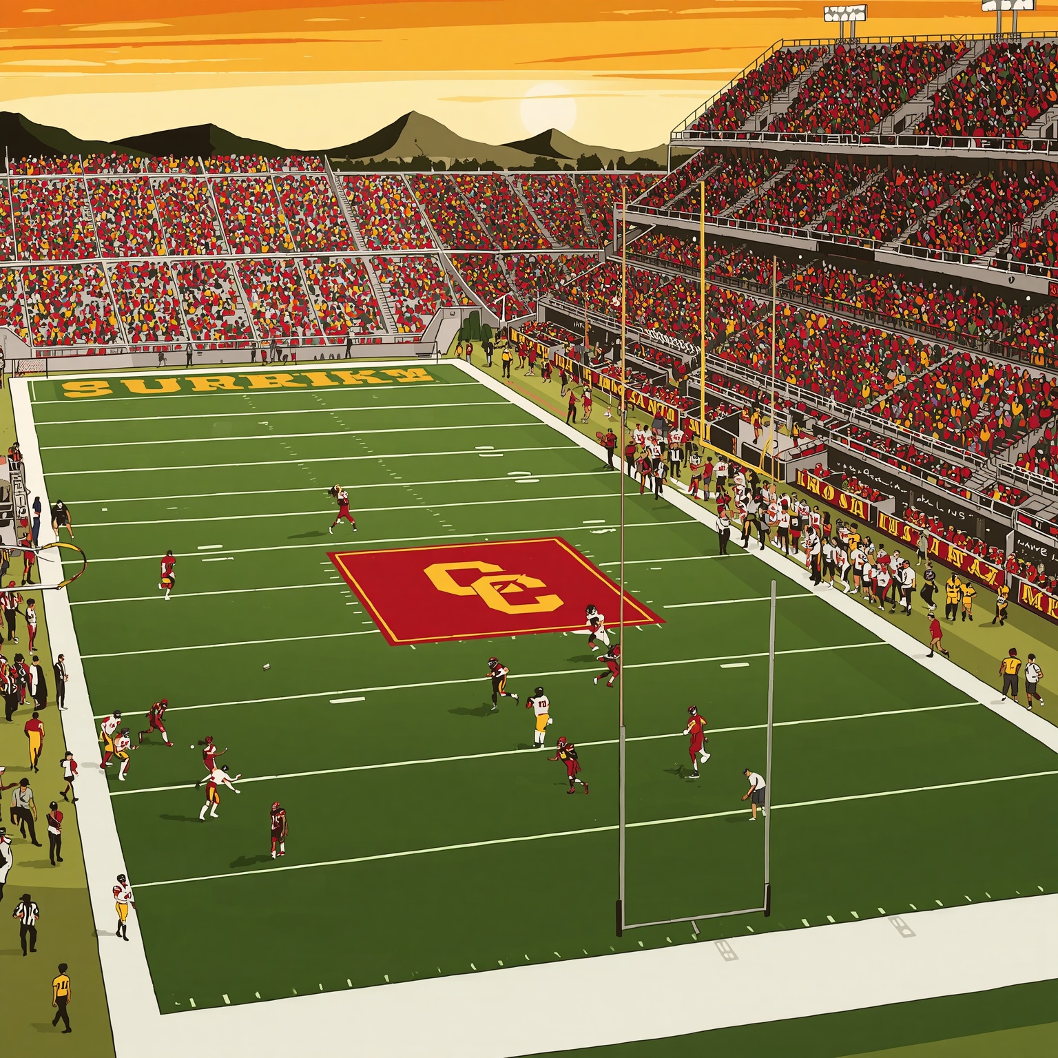 Title Fight: USC’s Grid Battles Across the Field - painting of USC Trojans football venue