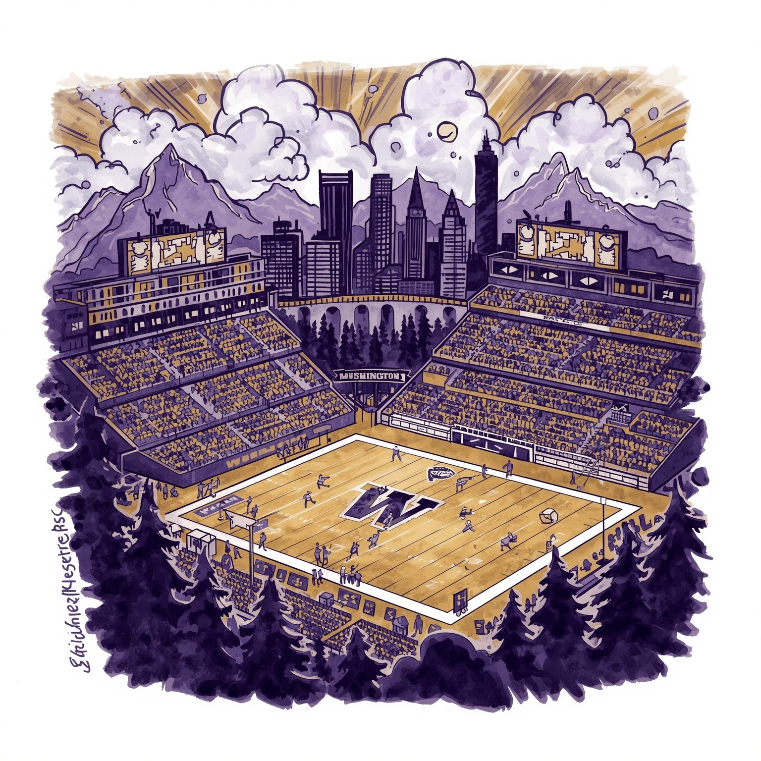 Huskies Football: Polls, Steak Tours & Name Twists - painting of Washington Huskies football venue