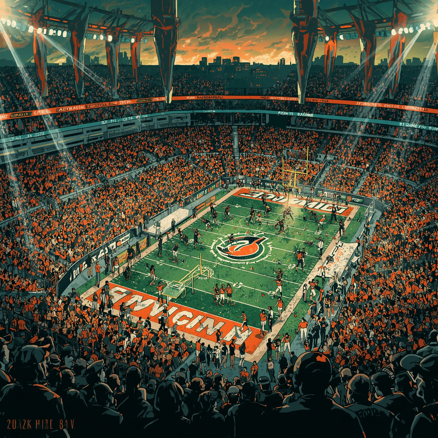 Miami's Basketball Reboot and Football Trap Game - painting of Miami Hurricanes basketball, football venue